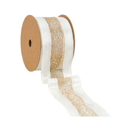 2 1/2" Wired Ribbon | Gold Mesh with White Satin Edge | 10 Yard Roll LaRibbons Wholesale