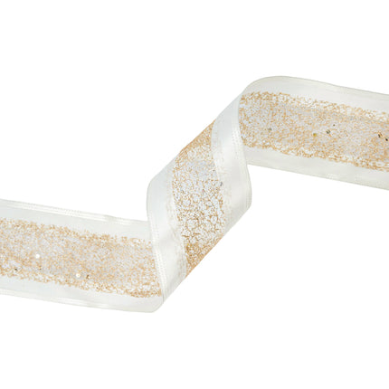 2 1/2" Wired Ribbon | Gold Mesh with White Satin Edge | 10 Yard Roll LaRibbons Wholesale