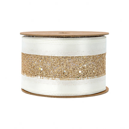 2 1/2" Wired Ribbon | Gold Mesh with White Satin Edge | 10 Yard Roll LaRibbons Wholesale
