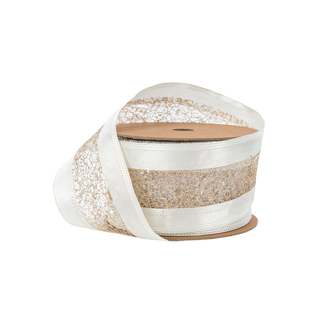 2 1/2" Wired Ribbon | Gold Mesh with White Satin Edge | 10 Yard Roll LaRibbons Wholesale