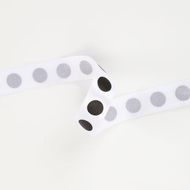3/8" Single Face Printed Satin Ribbon | "Polka Dot" Black/White | 20 Yard Roll