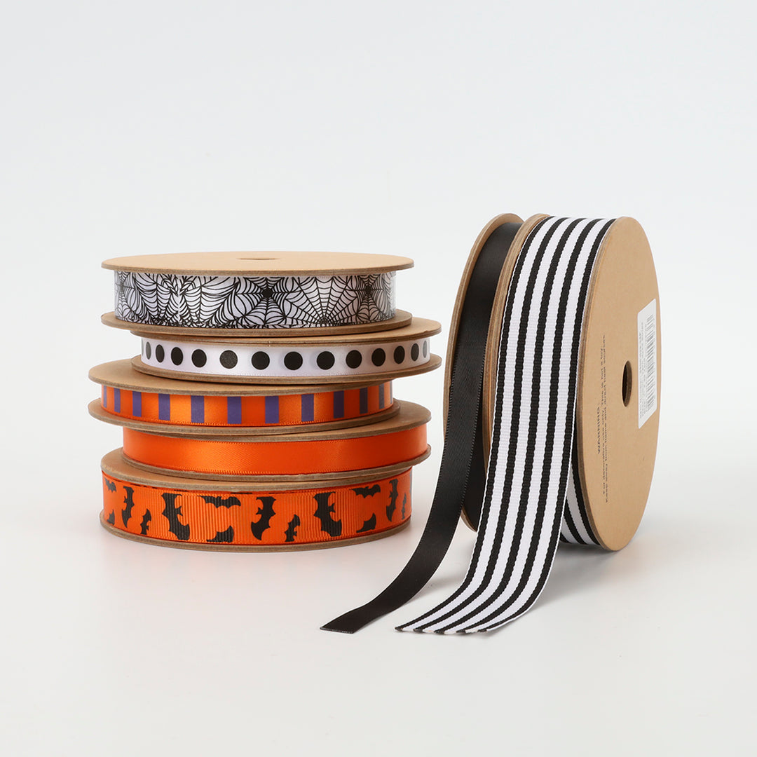 3/8" Single Face Printed Satin Ribbon | "Cross Stripe" Black/Orange | 20 Yard Roll - 50% OFF