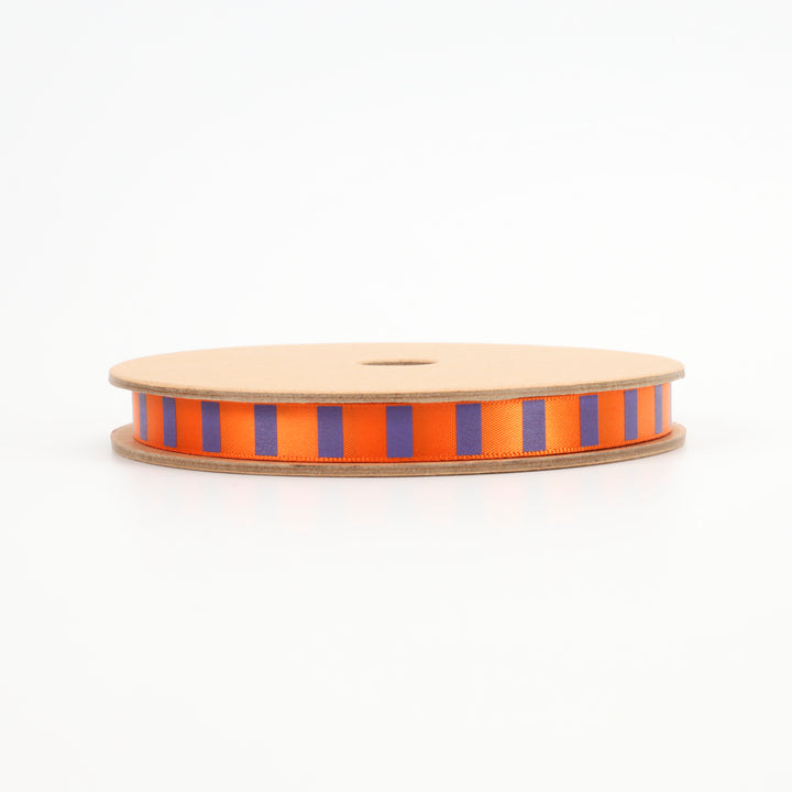 3/8" Single Face Printed Satin Ribbon | "Cross Stripe" Black/Orange | 20 Yard Roll - 50% OFF