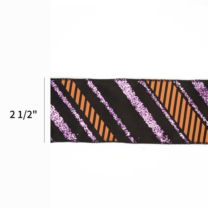 2 1/2" Wired Ribbon | "Glitter Diagonal Stripe" Purple/Black | 10 Yard Roll