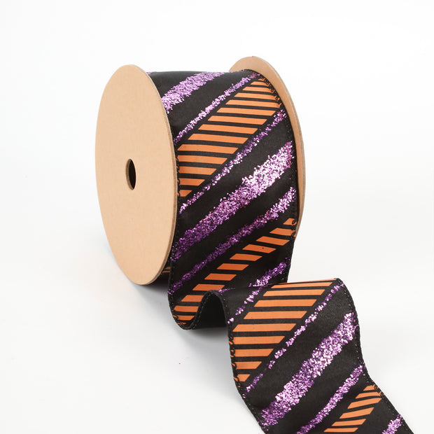 2 1/2" Wired Ribbon | "Glitter Diagonal Stripe" Purple/Black | 10 Yard Roll
