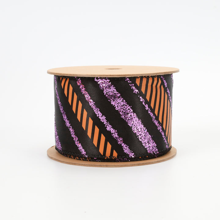 2 1/2" Wired Ribbon | "Glitter Diagonal Stripe" Purple/Black | 10 Yard Roll