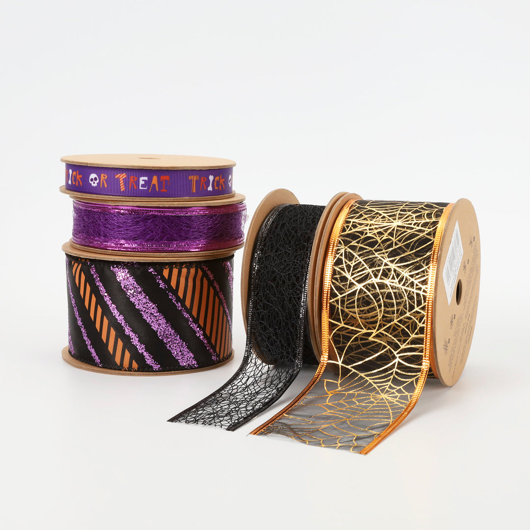 2 1/2" Wired Ribbon | "Glitter Diagonal Stripe" Purple/Black | 10 Yard Roll