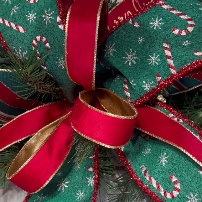 4" Wired Jacquard Ribbon | Candy Cane on Green w/ Red Tinsel Edge | 5 Yard Roll LaRibbons and Crafts