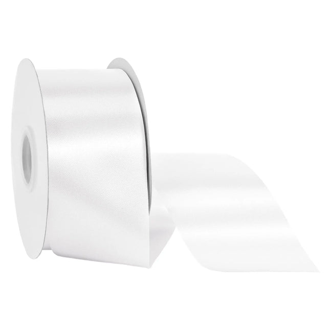 2 3/4 inch white floral satin ribbon spool, glossy solid white satin for wedding bouquets and gift bows