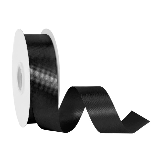 1 7/16 inch black floral satin ribbon spool, glossy solid black satin for bouquets and gift wrapping bows