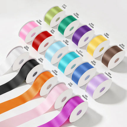Assorted multi-color 1 7/16 inch floral satin ribbon spools with numbered color swatches for gift wrapping