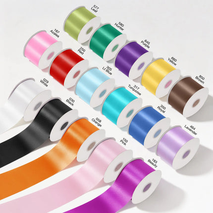 Assorted multi-color 2 3/4 inch floral satin ribbon spools with numbered color swatches for gift wrapping