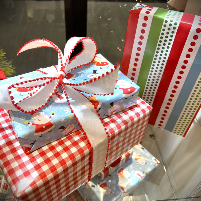 1 1/2" Wired Ribbon | White w/ Red Pom Pom Edge | 10 Yard Roll LaRibbons and Crafts