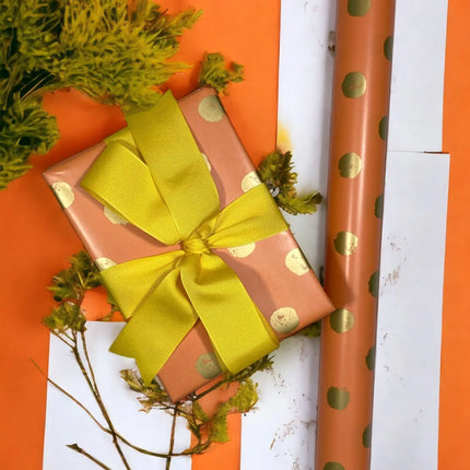 24" x 417' Wrapping Paper Half Ream | Orange w/ Metallic Gold Polka Dot LaRibbons and Crafts