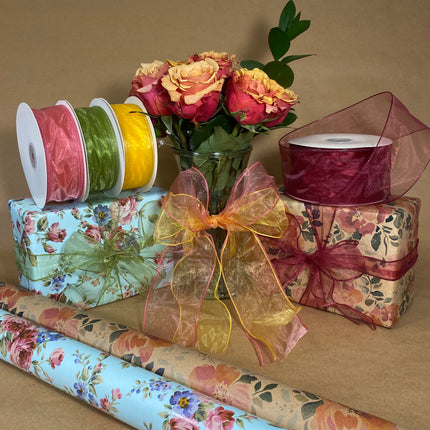 24" x 417' Wrapping Paper Half Ream | Blue Floral LaRibbons and Crafts
