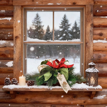 Festive window decor has red, green, and beige pine cone-embroidered ribbons with pine branches for Christmas.