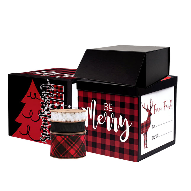 Christmas Gift Box Set with 2 Red-Black Plaid Boxes, 1 Black Box & 3 Ribbons (Plaid, Black, Pom-Pom), featuring “JOY”, “BE Merry” and Deer Design.