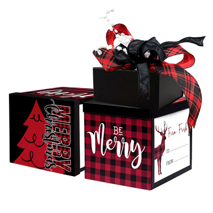 Christmas Gift Box Set with Red-Black Plaid Ribbon, Black Ribbon & Pom-Pom Bow, decorated 3 plaid boxes for gifting.