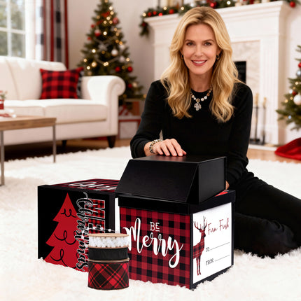 Christmas Gift Box Set with 2 Red-Black Plaid Boxes, 1 Black Box & 3 Ribbons, displayed in festive room with a lady, highlighting “JOY” “BE Merry” details.
