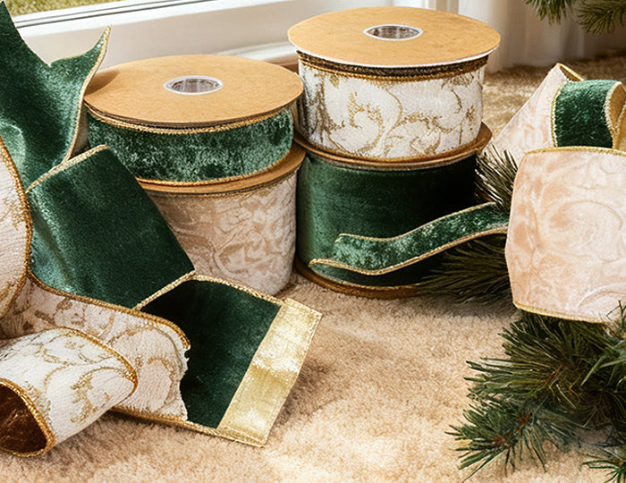 Emerald velvet & ivory-gold scroll wired ribbons, gold-trimmed, festive bows by Christmas tree—luxurious holiday charm.
