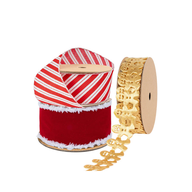 Festive Christmas ribbon set: red-and-white candy  cane stripe, red velvet with white fringe, and gold gingerbread man ribbon.