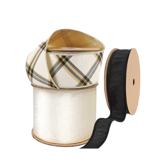 Three rolls of gift wrapping ribbons: one features a beige, brown and black plaid pattern with gold trims, one is a glossy cream satin ribbon, and the other is a black textured ribbon, all perfect for gift wrapping and decorative uses.