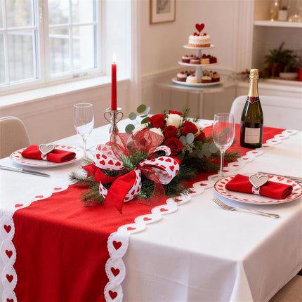 Valentines Table Decor: Ribbon centerpiece (hearts/red) – romantic dining setup