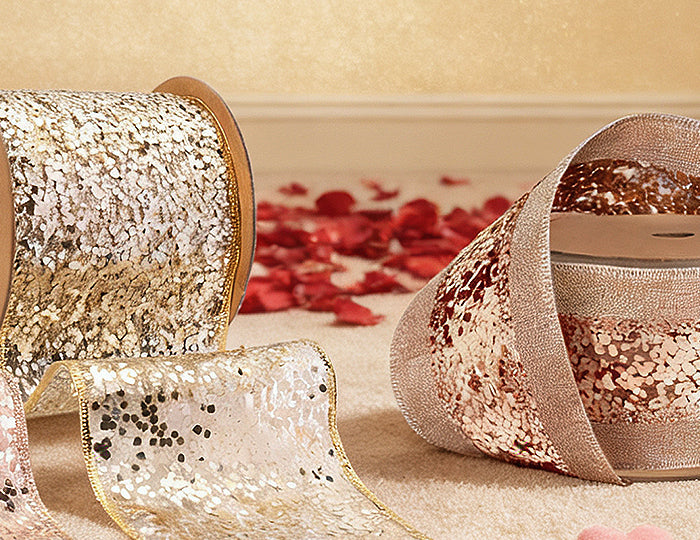 Beige sequined wired ribbon (rose gold/red sparkles) – ideal for Valentine’s decor, paired with rose petals & hearts.