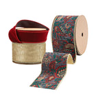 Christmas ribbon set: burgundy velvet, gold textured, and paisley-patterned ribbons—offering rich textures and patterns for festive crafting.
