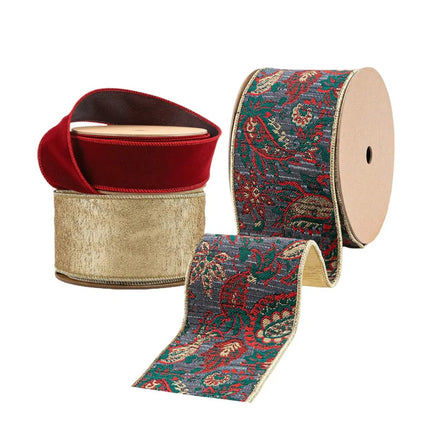 Christmas ribbon set: burgundy velvet, gold textured, and paisley-patterned ribbons—offering rich textures and patterns for festive crafting.