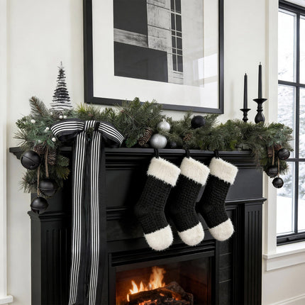 Black-white striped ribbed ribbon bow for fireplace mantel Christmas decor