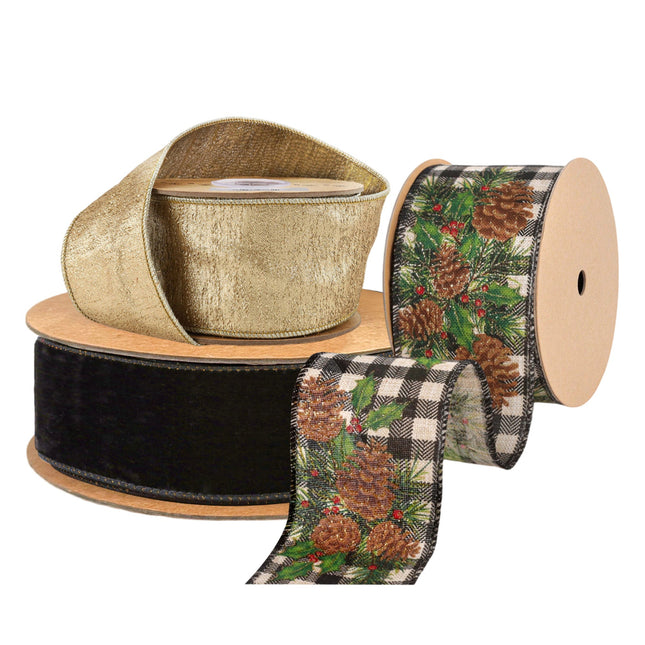 Black velvet (gold-lined), gold, & plaid pinecone ribbons – lush festive decor spools.