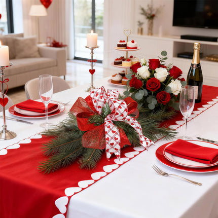 Valentine’s red-white heart ribbon decor as table centerpiece for romantic Valentine’s dinners.