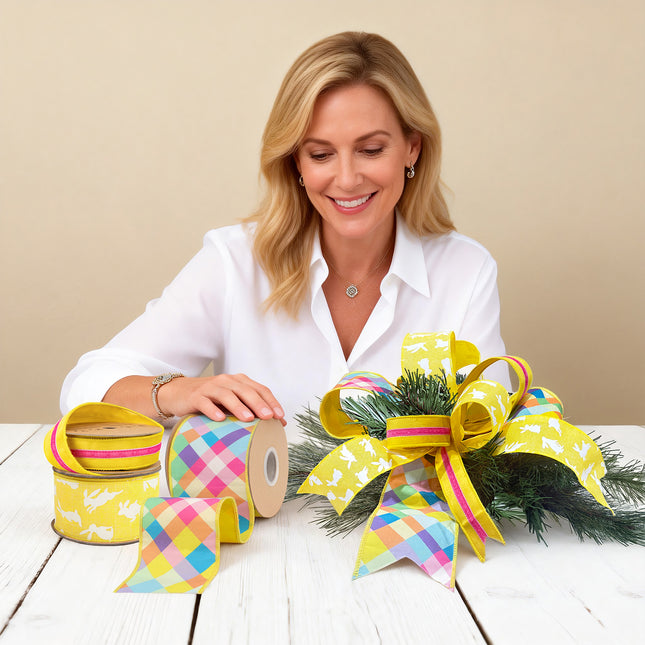 Woman crafting an Easter bow with yellow bunny, plaid, and velvet ribbons.