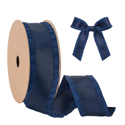 Navy blue ruffle edge satin wired ribbon spool with matching bow, perfect for elegant gift wrapping and decor.