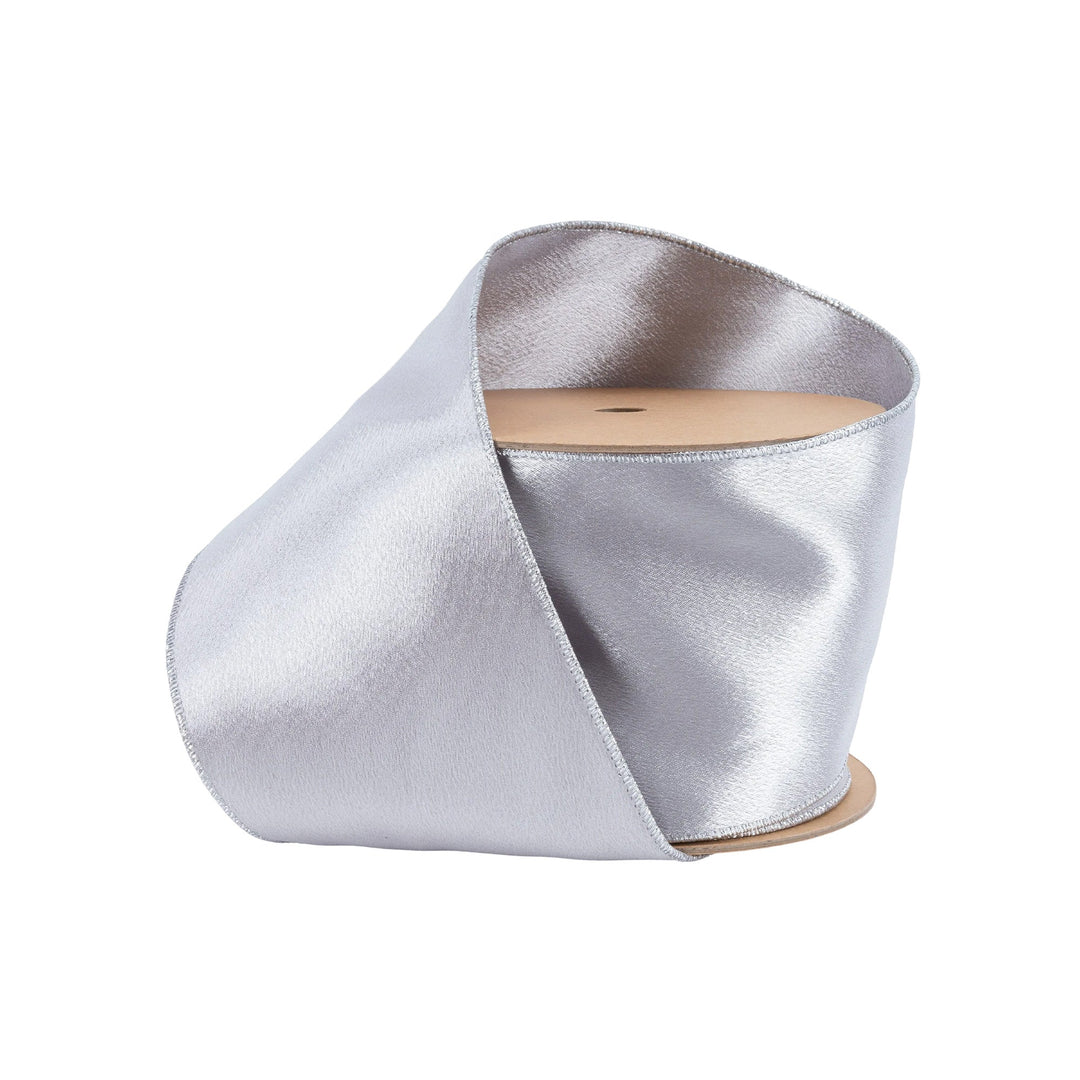 4" Wired Shimmer Satin Ribbon | Silver with Silver Backing | 10 Yard Roll LA Ribbons Wholesale