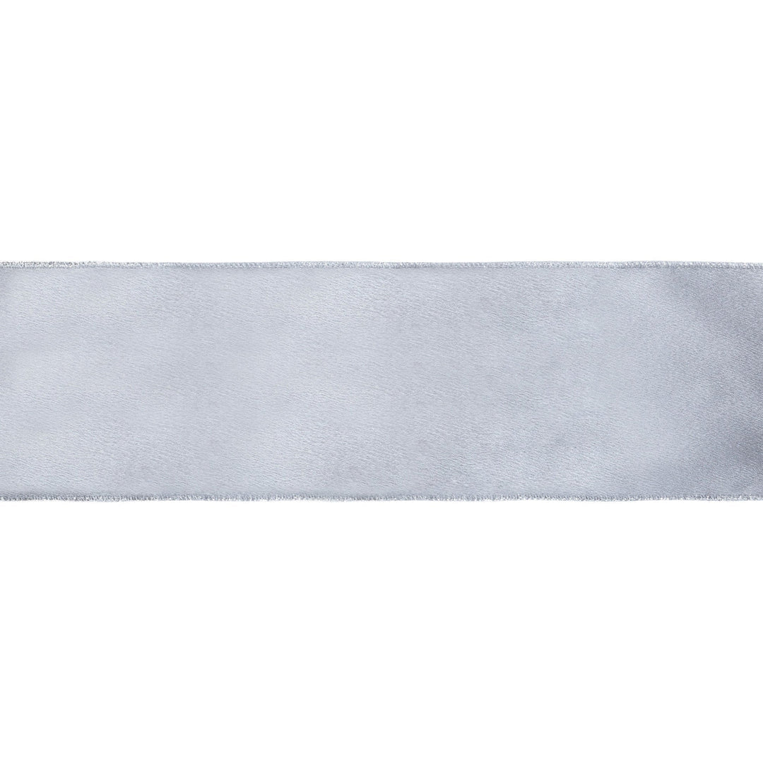 4" Wired Shimmer Satin Ribbon | Silver with Silver Backing | 10 Yard Roll LA Ribbons Wholesale
