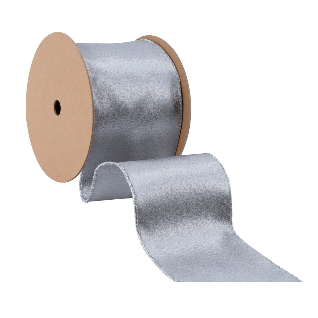 4" Wired Shimmer Satin Ribbon | Silver with Silver Backing | 10 Yard Roll LA Ribbons Wholesale