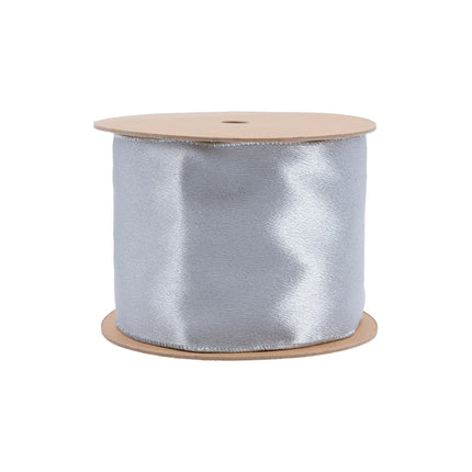4" Wired Shimmer Satin Ribbon | Silver with Silver Backing | 10 Yard Roll LA Ribbons Wholesale