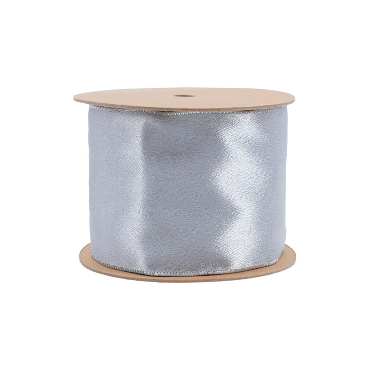 4" Wired Shimmer Satin Ribbon | Silver with Silver Backing | 10 Yard Roll LA Ribbons Wholesale