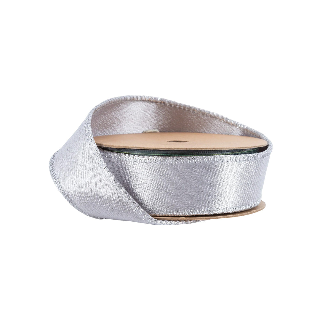 1" Wired Shimmer Satin Ribbon | Silver with Silver Backing | 10 Yard Roll LA Ribbons Wholesale