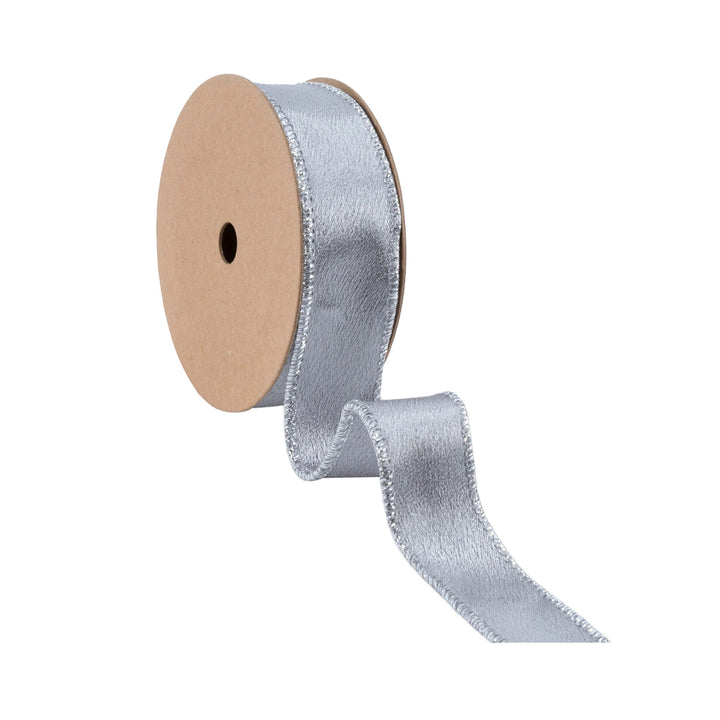 1" Wired Shimmer Satin Ribbon | Silver with Silver Backing | 10 Yard Roll LA Ribbons Wholesale