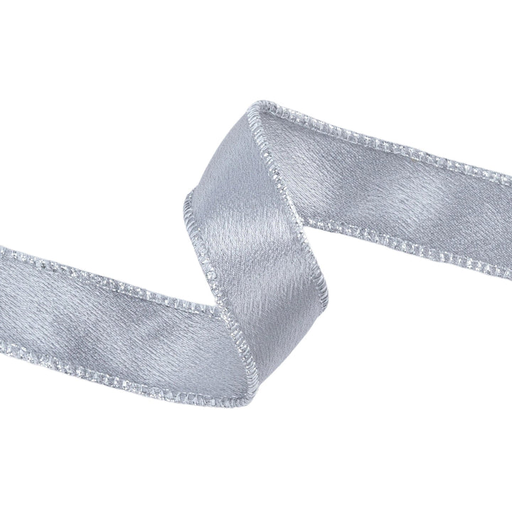 1" Wired Shimmer Satin Ribbon | Silver with Silver Backing | 10 Yard Roll LA Ribbons Wholesale