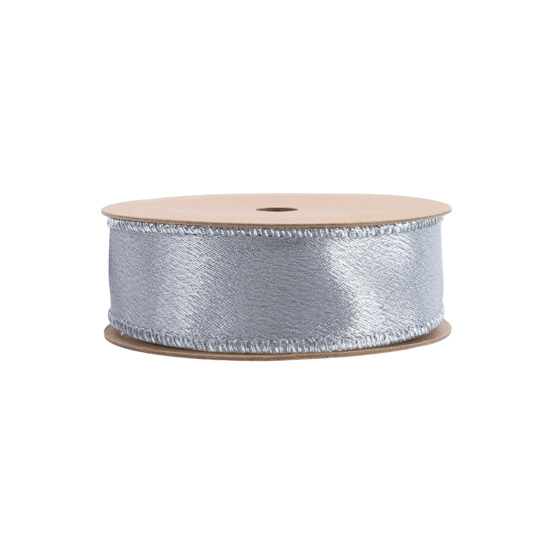 1" Wired Shimmer Satin Ribbon | Silver with Silver Backing | 10 Yard Roll LA Ribbons Wholesale