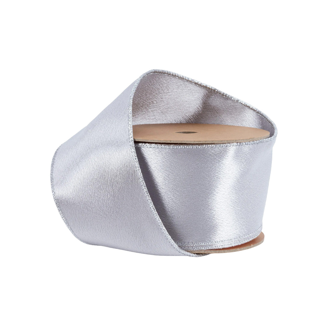 2 1/2" Wired Shimmer Satin Ribbon | Silver with Silver Backing | 10 Yard Roll LA Ribbons Wholesale
