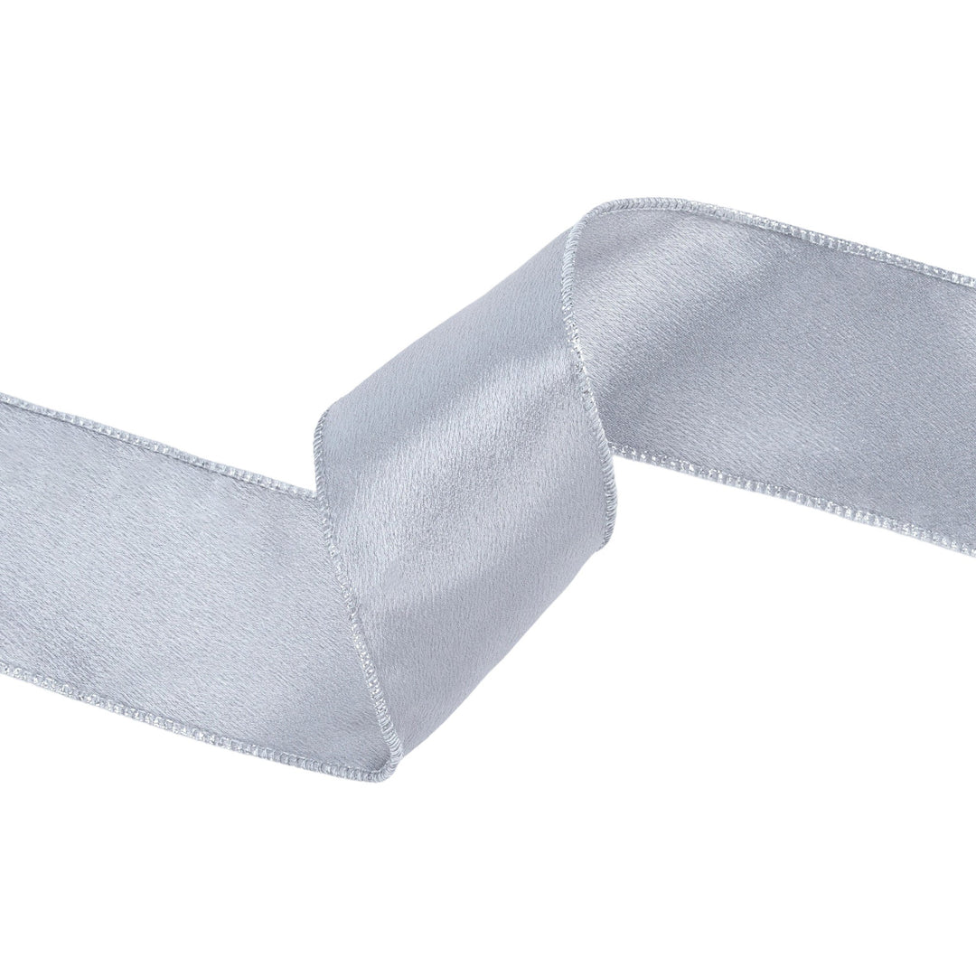 2 1/2" Wired Shimmer Satin Ribbon | Silver with Silver Backing | 10 Yard Roll LA Ribbons Wholesale