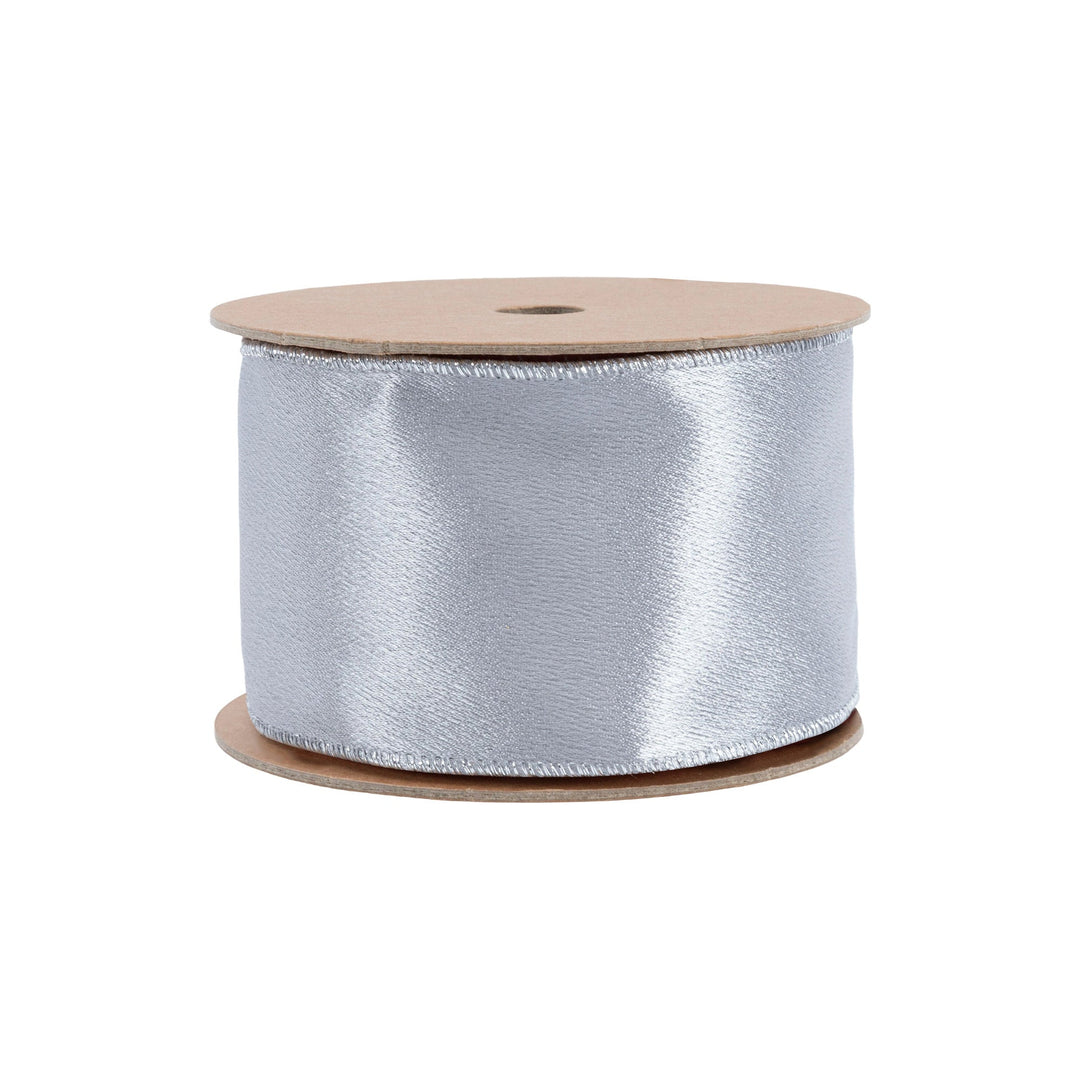 2 1/2" Wired Shimmer Satin Ribbon | Silver with Silver Backing | 10 Yard Roll LA Ribbons Wholesale