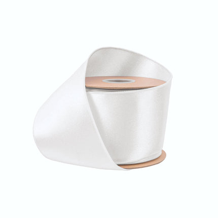 4" Wired Shimmer Satin Ribbon | White with White Backing | 10 Yard Roll LA Ribbons Wholesale