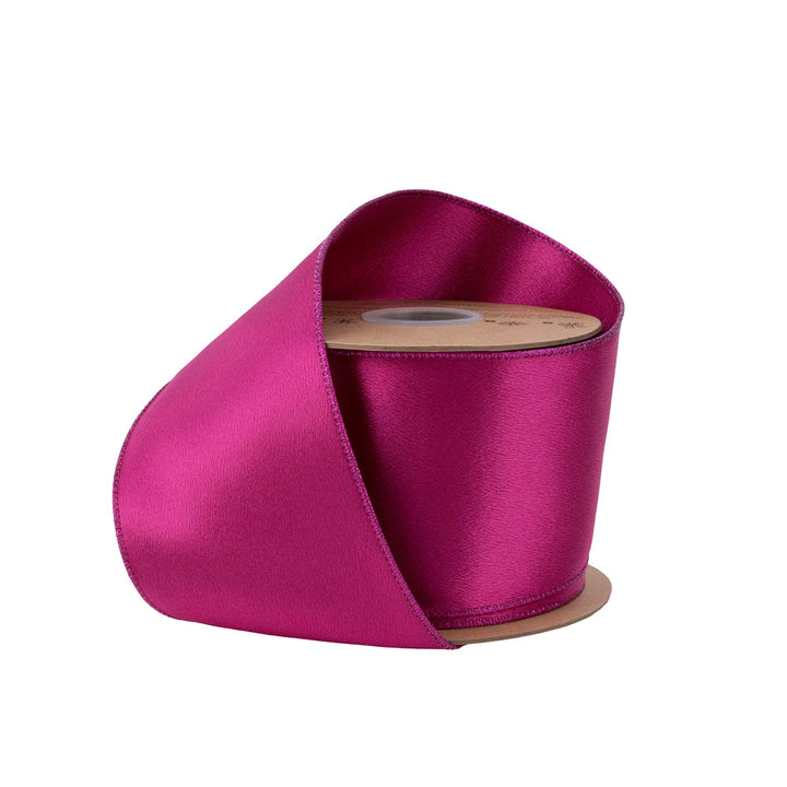 4" Wired Shimmer Satin Ribbon | Fuchsia with Fuchsia Backing | 10 Yard Roll LA Ribbons Wholesale