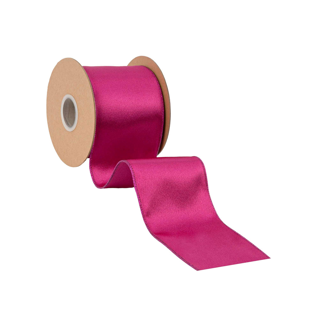 4" Wired Shimmer Satin Ribbon | Fuchsia with Fuchsia Backing | 10 Yard Roll LA Ribbons Wholesale